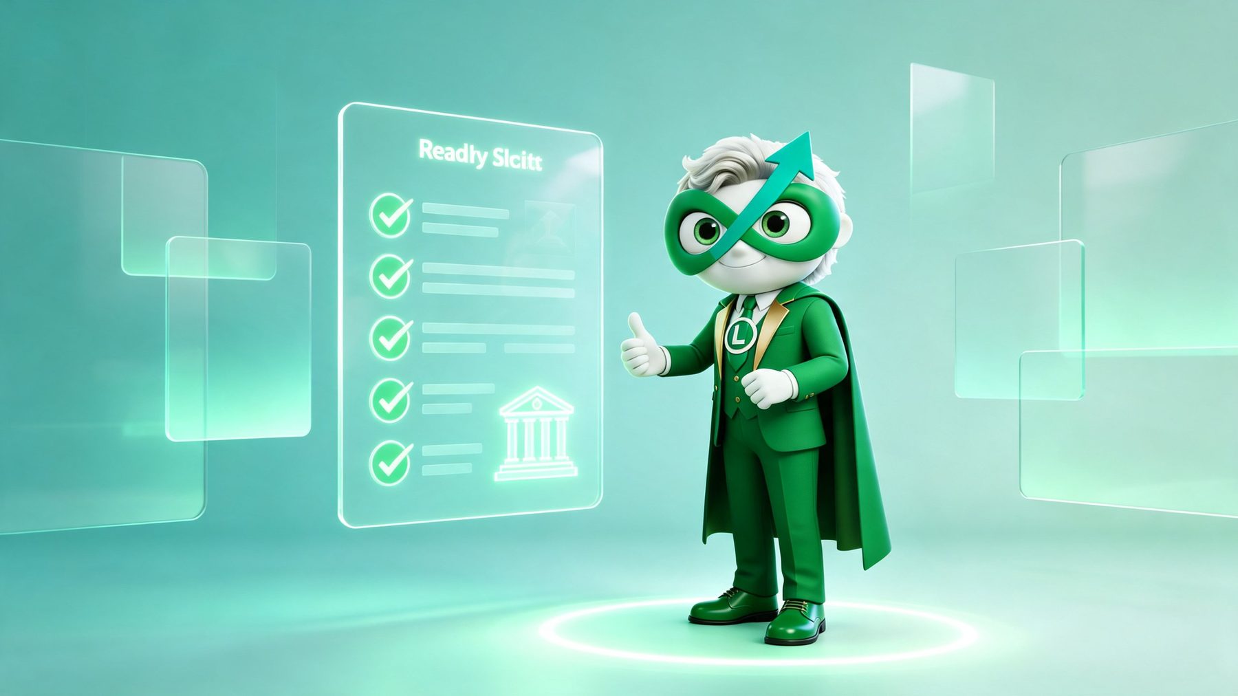 Limitlio maskotu, finansmana hazırlık kontrol listesi panelinin önünde başparmak yukarı